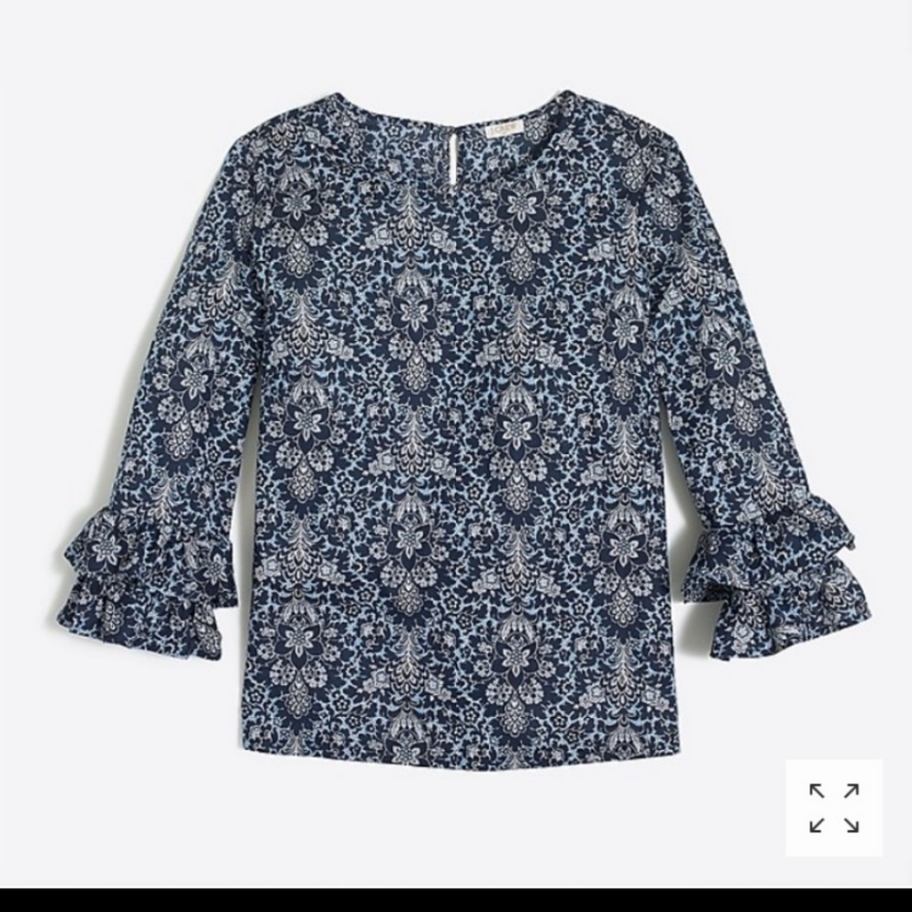 J crew blue floral ruffle sleeves cotton blouse top size 2